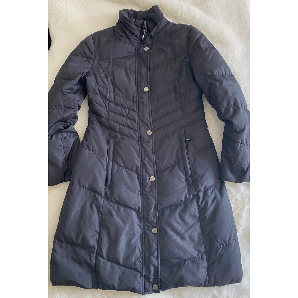 Anne Klein Black Chevron Quilted Puffer Coat Mid Length Parka‎ Womens Small